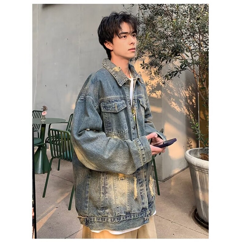 黄泥色破洞牛仔外套男春秋款潮牌痞帅高级感夹克美式复古潮流炸街,男装夹克,星座1013