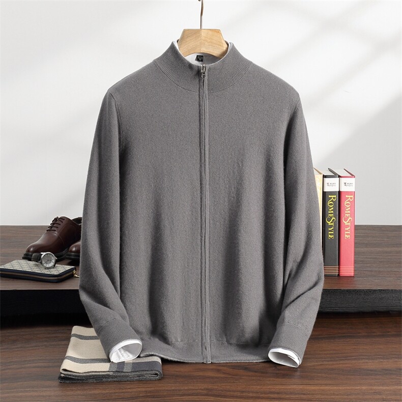 秋冬季35%羊绒休闲商务简约百搭两面穿拉链开衫男装，男装羊绒开衫，纳丰羊绒