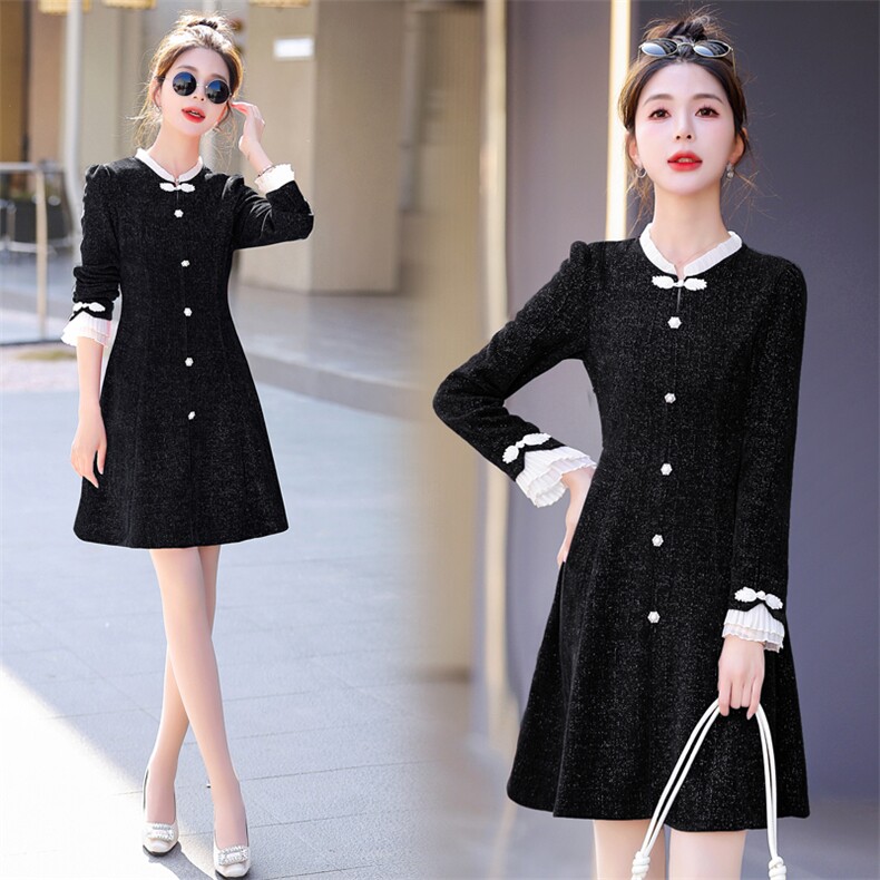 新中式连衣裙女2025春秋新款小个子复古气质小香风长袖改良旗袍裙图片