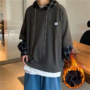 加绒加厚卫衣男休闲连帽上衣港风格子假两件外套w126-p38加绒45,男装卫衣,星座1008-1
