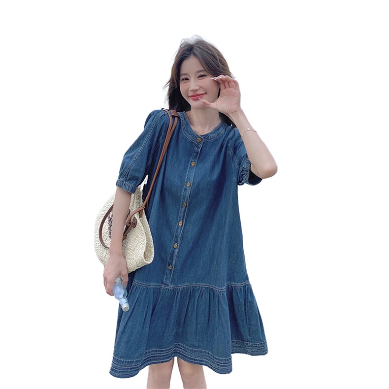 复古宽松薄款夏天牛仔裙连衣裙2025新款女减龄休闲大码中长裙子潮,女装连衣裙,钱塘布衣