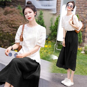 2022夏装新款舒适提花短袖上衣百搭纱裙两件套女士套装套裙图片