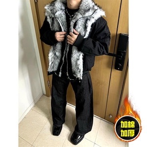 现货高品质美式高街重磅狼王座山雕毛毛领假两件棉衣加厚棉服外套图片