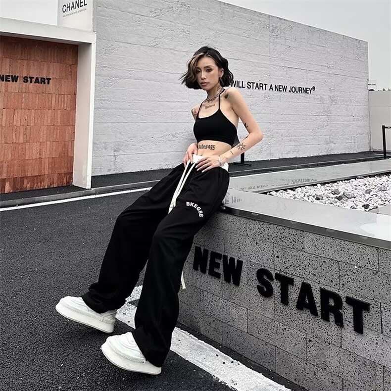 夏季撞色拼接垂感直筒卫裤男女宽松美式嘻哈百搭运动裤K0071-P38,男装休闲裤,星座308B-2