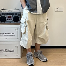 夏季日系复古水洗棉多口袋工装七分裤男女纯色宽松直筒过膝短裤潮，男装牛仔裤，星座506A