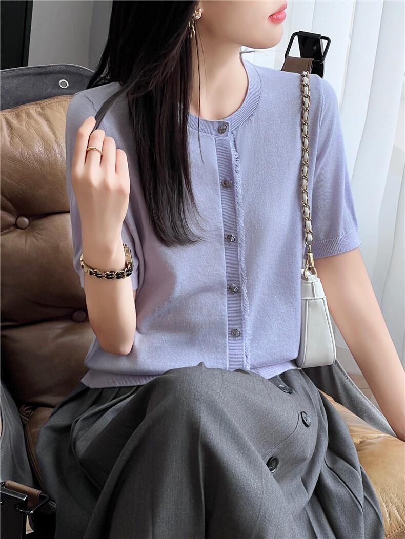 2025夏季新款时尚圆领流苏边针织短袖t恤女开衫纯色半袖打底衫潮,女装T恤,晨旭羊绒