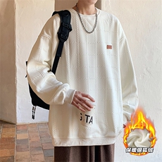 2025冬装圆领加绒卫衣格子大码男纹理提花W678J/特P35杏，男装卫衣，电商A094