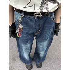 美式高街水洗做旧牛仔裤男女百搭宽松直筒微喇阔腿裤潮N0377-P55，男装牛仔裤，星座308B-1