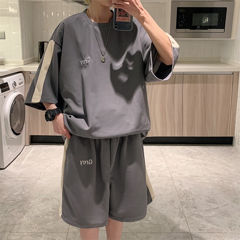 2026夏装华夫格拼接绣花休闲运动套装五分短裤TZ808/P65灰色,男装休闲套装,电商A094