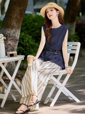 韩系干练气质套装女夏2025新款通勤职业收腰上衣条纹阔腿裤两件套，女装套装/套裙，微微衣阁