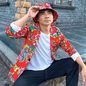 XZ01秋文艺男大码宽松西服东北大花潮牌开衫男女风民族特色图片