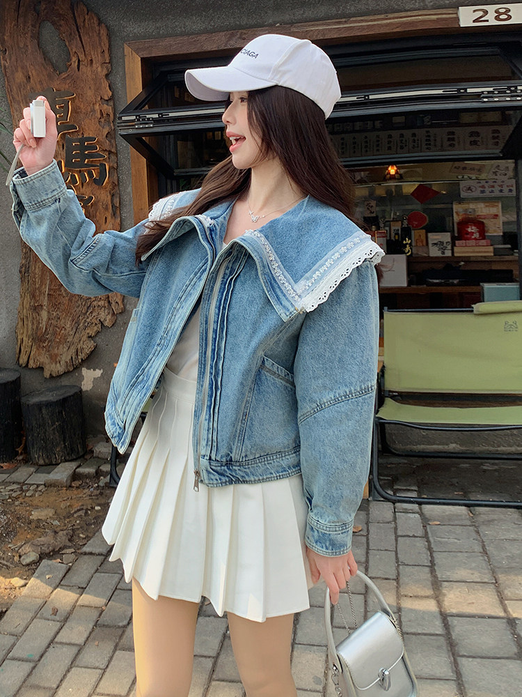 港风甜美蕾丝拼接牛仔外套女小个子2025春季新款短款钉珠翻领上衣,女装牛仔外套,蝶眷