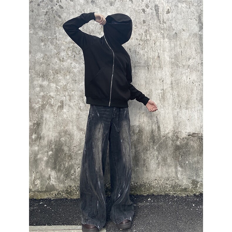 B221美式ins高街暗黑拉链宽松开衫卫衣连帽外套SY2314-P80控108,男装卫衣,电商B221