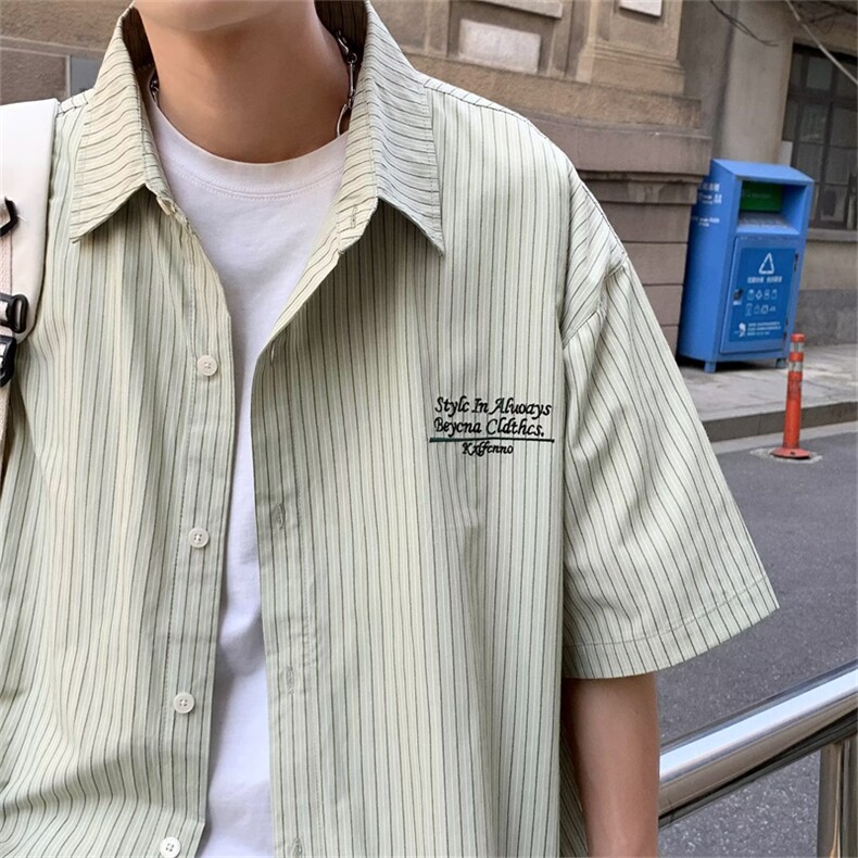 新款条纹半袖衬衫男士夏季新款港风短袖衬衣宽松潮牌外套A04-P30图片