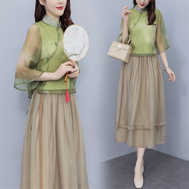 芷墨超仙小洋装新中式俩件套套装茶服改良汉服上衣半身裙俩件套女,女装套装/套裙,芷墨服饰
