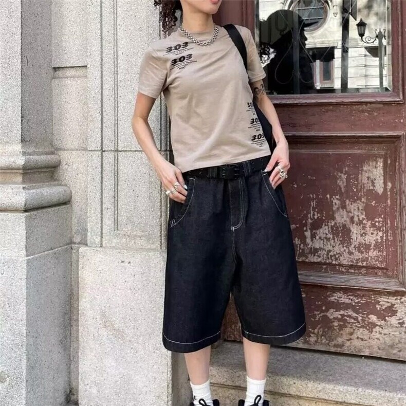美式高街vibe复古刺绣设计牛仔短裤2025新款宽松显瘦阔腿六分裤,男装牛仔裤,星座601-1