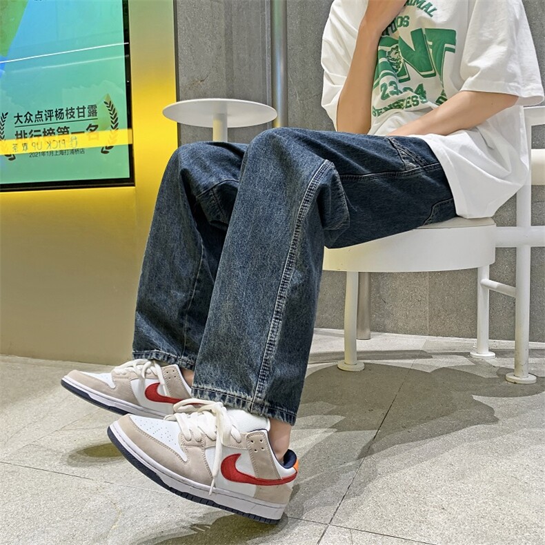 夏款复古牛仔裤男潮牌宽松腰果花拼接蓝色直筒休闲工装裤N0713,男装牛仔裤,星座308B-1