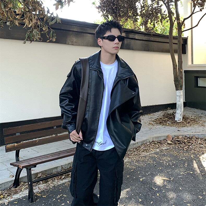 网图翻领皮衣外套街头PU夹棉皮夹克A025-QY19152-P80加绒P95,男装夹克,电商A025