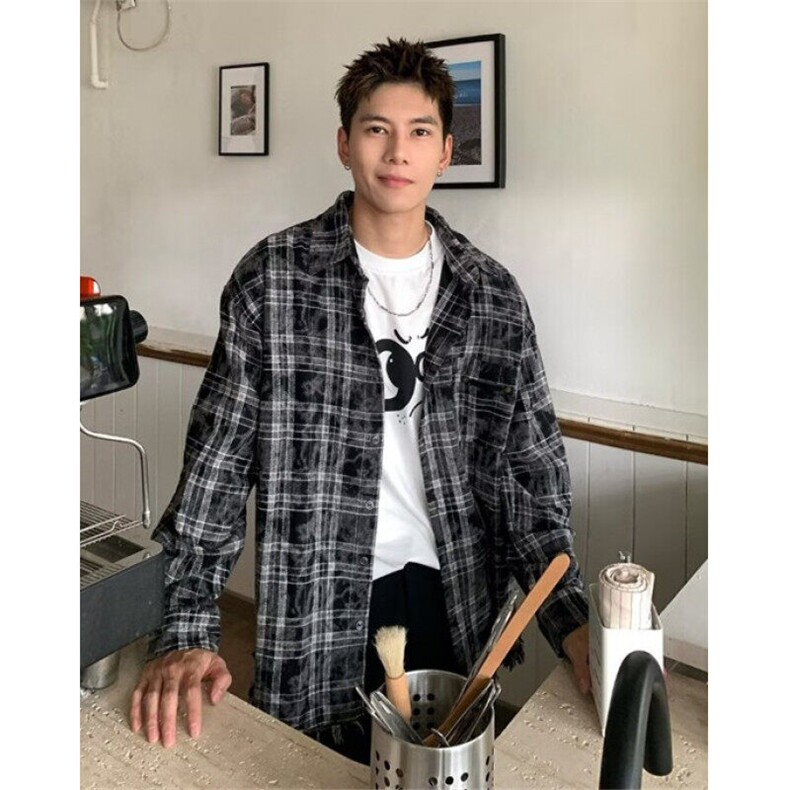 复古格子磨毛长袖男女衬衫上衣vintage宽松情侣外套CJ06,男装衬衫,星座1116A（原606A-3）