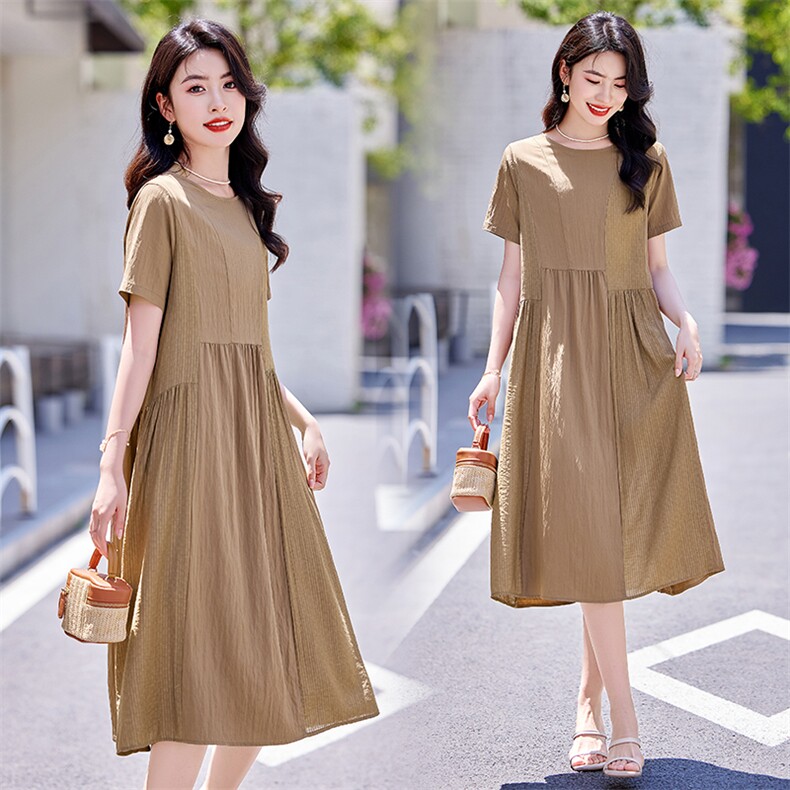 天丝棉文艺气质连衣裙女2025夏季新款梨形身材显瘦遮肚子休闲裙子，女装连衣裙，梦芯尔