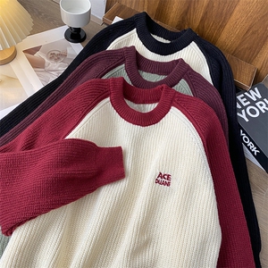 港风秋款男圆领套头毛衣拼色贴标针织衫字母刺绣外套M5642 P55图片