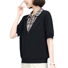 2022年夏季时尚简约大方气质优雅潮流舒服有范格子领拼接上衣，女装衬衫，梦芯尔