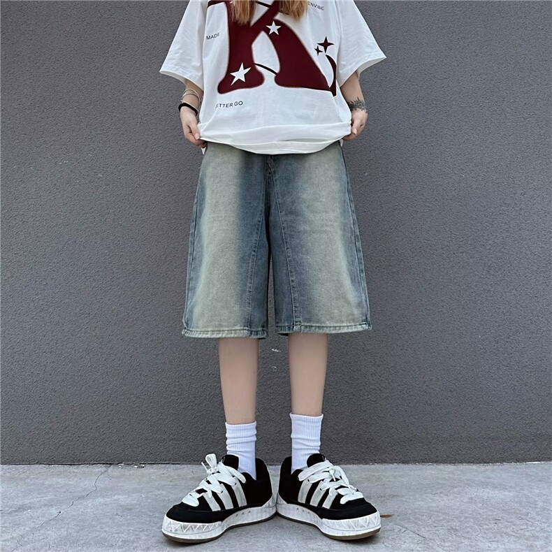 牛仔短裤男夏季薄款潮流美式复古水洗直筒宽松休闲五分裤子青少年,男装牛仔裤,星座601-2