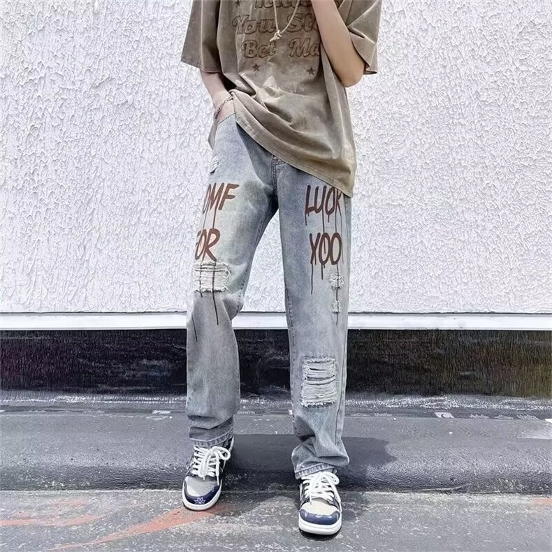 美式复古破洞牛仔裤设计感男女小众春秋i宽松直筒长裤XXK81,男装牛仔裤,星座208-5