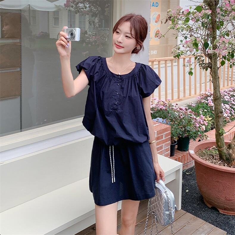 藏青色时尚一整套穿搭泡泡袖上衣套装裙女2025夏新款半身裙两件套,女装套装/套裙,浙宝220