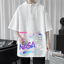 LD54186-P45NASA联名同款连帽短袖t恤男大码胖子带帽五分袖中袖，男装T恤，电商A040