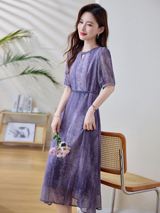 高端洋气紫色晕染礼服连衣裙女春夏新款宽松显瘦气质长裙图片