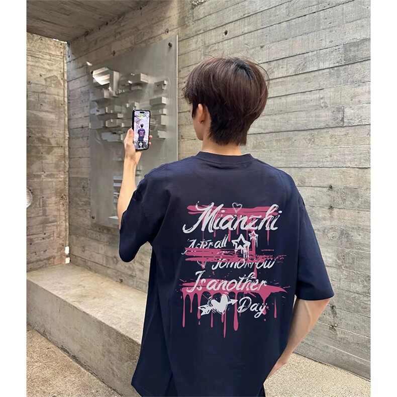抖音得物210克现货宽松纯棉美式潮牌印花落肩袖纯棉T恤AT21138,男装T恤,电商A443