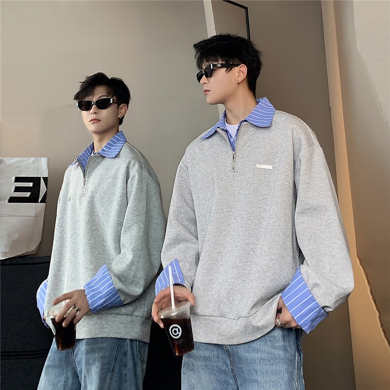 韩版假两件撞色拼接长袖卫衣男女翻领宽松套头上衣W100-P58,男装卫衣,电商C307