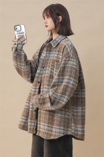 日系复古格子撞色长袖衬衫男女宽松毛呢格衬衣225-2-CS710-P58，男装衬衫，星座225-2