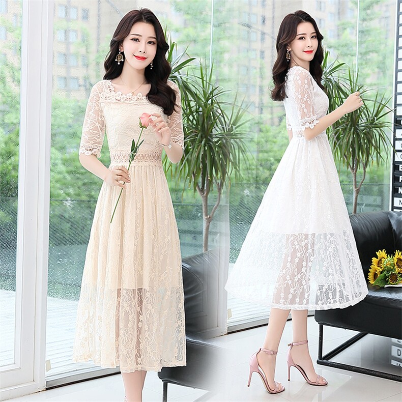 套头蕾丝连衣裙2021年夏季中长款短袖显瘦舒适简约气质，女装连衣裙，阿菲诺依