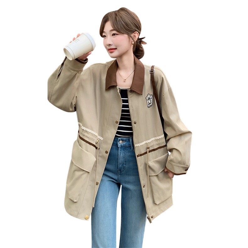 新款【现货】卡其色韩系撞色外套192-629P170K248,女装风衣,浙宝192（原082）