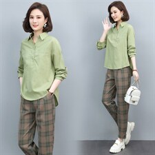 长期现货，格子衬衫女套装新款韩版春秋显瘦百搭休闲裤两件套，女装套装/套裙，涵誉