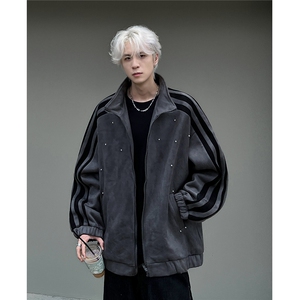 仿鹿皮男款三条杠外套男士春秋潮牌拉链开衫夹克JK706-P68