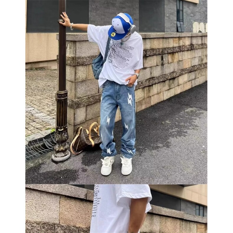 美式高街vibe风复古水洗做旧闪电贴布蓝色牛仔裤男宽松直筒长裤图片