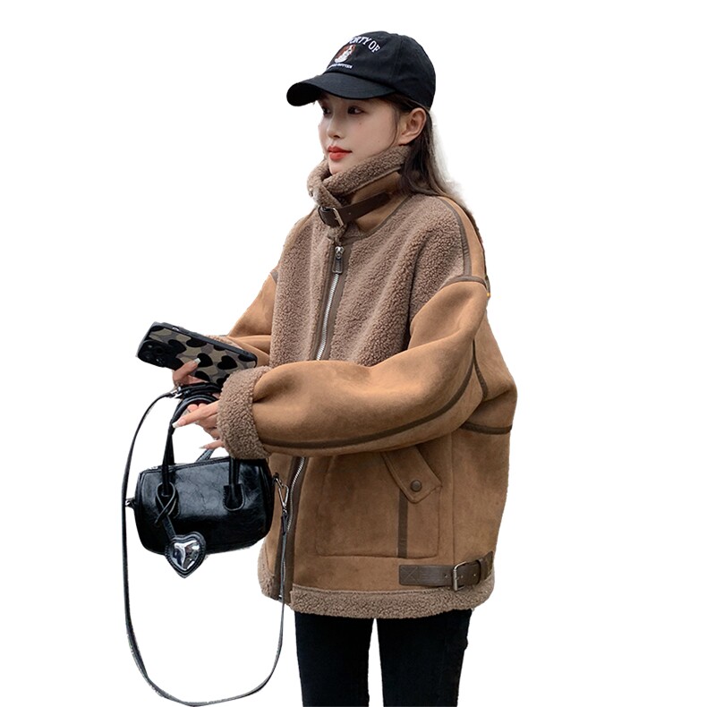 今年流行拼接麂皮绒羊羔毛外套女2025冬季新款加厚皮毛一体上衣潮,女装皮草,2C025