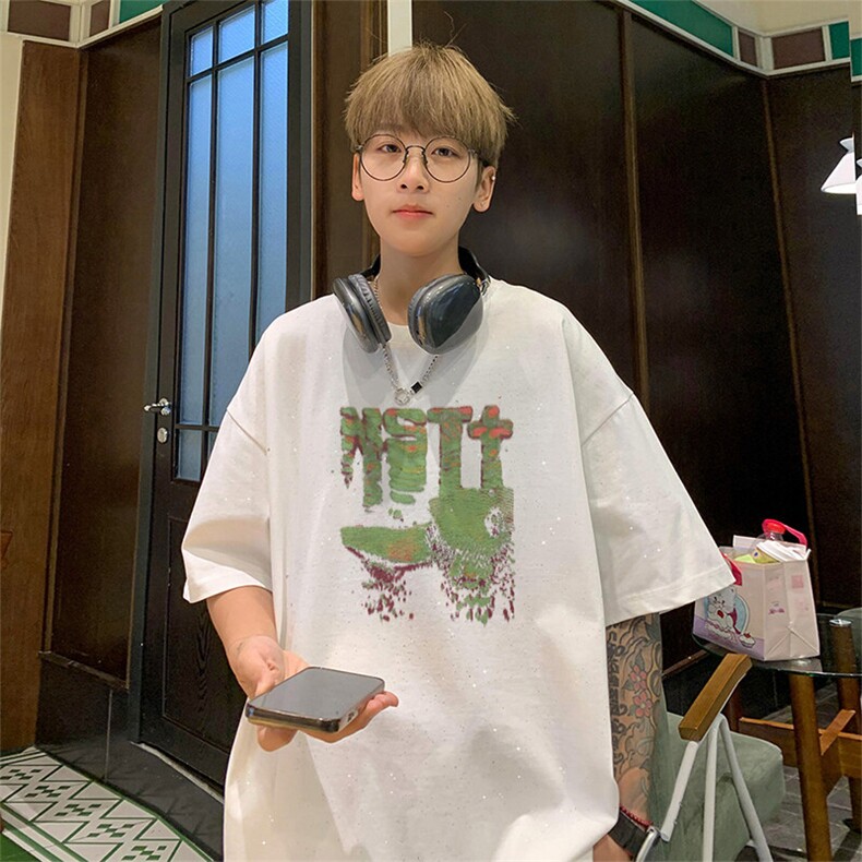 可48小时发货支持抖音得物来样二开美式满天星亮片短袖T恤MTX659,男装T恤,电商A486-1