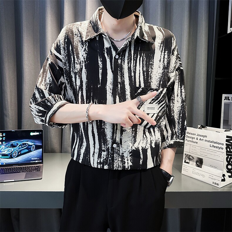 2025春季新品衬衫男士七分袖水墨扎染衬衫潮社会小伙901-C20P58,男装衬衫,星座901
