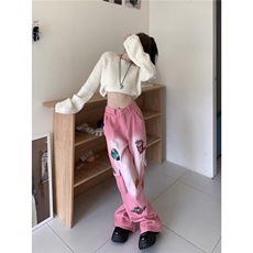 趣味卡通刺绣工装牛仔裤女春秋甜妹穿搭宽松显瘦拖地阔腿直筒长裤，男装牛仔裤，星座1210-1
