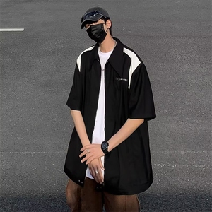 黑白拼接皮廓形拉链夹克短袖衬衫休闲外套夏男女外套~C8022-p40图片