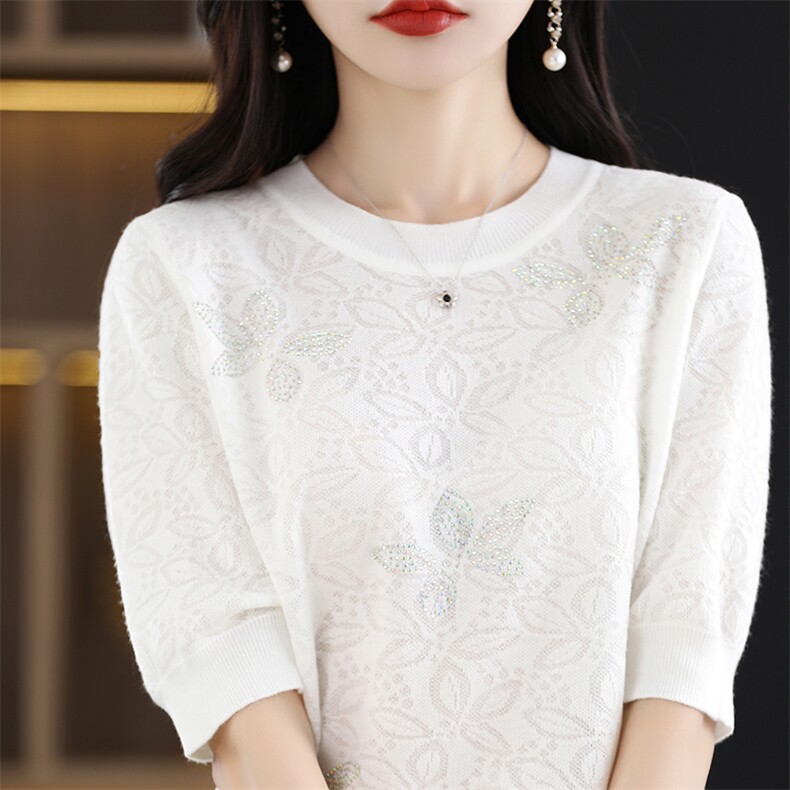 2025秋季新款烫钻圆领针织衫女时尚百搭，女装针织衫/毛衣，千御纺羊绒