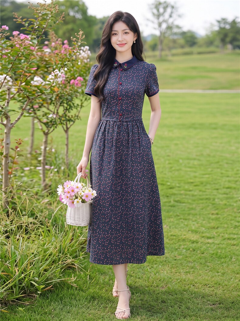 田园风斜领碎花刺绣连衣裙女春夏收腰显瘦中长裙,女装连衣裙,水衣源