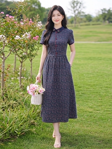 田园风斜领碎花刺绣连衣裙女春夏收腰显瘦中长裙图片