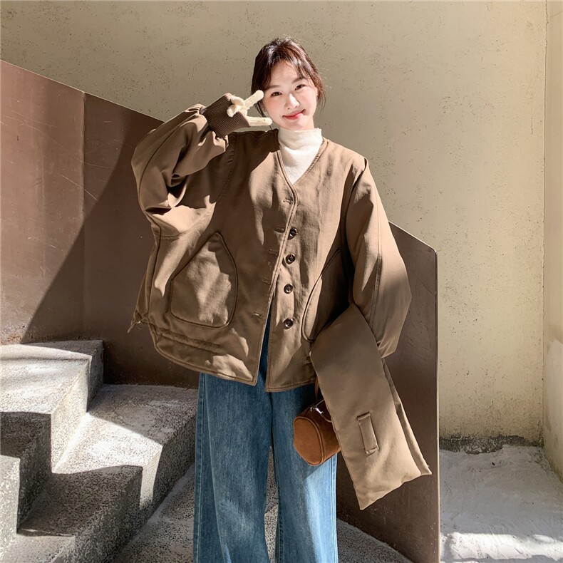 韩系拼接撞色格子围巾短款羽绒服女2025冬立领宽松小个子减龄外套,女装羽绒服,艾米莉亚