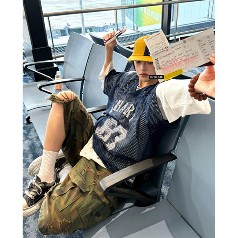 藏青色数字网眼球衣美式街头复古印花球服短袖t恤男女夏T190,男装T恤,星座1116A（原606A-3）