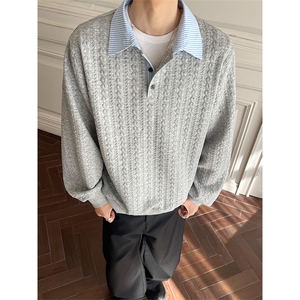 假两件长袖卫衣慵懒风薄款春季麻花纹宽松男女 C61327-TP4588图片